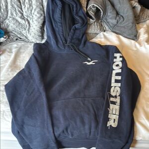 Hollister Men's Navy Hoodie with White Sleeve Logo